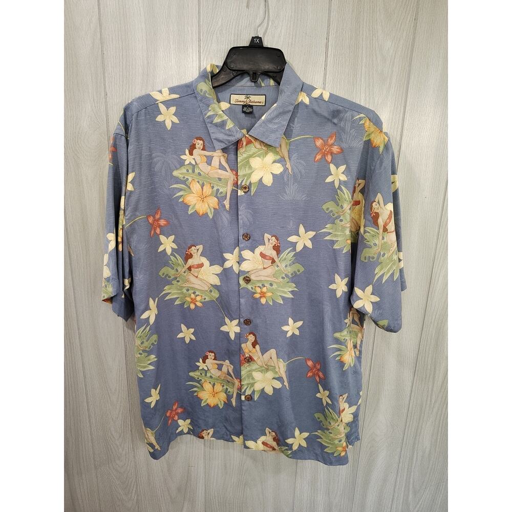 Tommy Bahama Men's Size L Hawaiian Shirt Woman In Bikini Silk Floral Blue Cruise